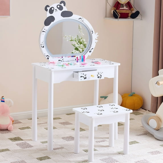 iRerts Kids Vanity Set with Lights, Panda Kids Make Up Vanity Desk with Mirror for Little Girls, 2 in 1 Princess Girls Makeup Vanity Toddler Vanity Table and Chairs Set with Drawer, Black/White