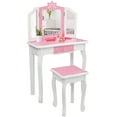 thumbnail image 1 of iRerts Kids Makeup Vanity Set, Wooden Kids Vanity Set with Tri-Folding Mirror and Stool, Girls Vanity Makeup Dressing Table with Drawer, Kids Bedroom Furniture Kids Vanity Table and Chair Set, Pink, 1 of 12