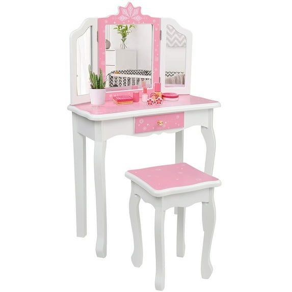 iRerts Kids Makeup Vanity Set, Wooden Kids Vanity Set with Tri-Folding Mirror and Stool, Girls Vanity Makeup Dressing Table with Drawer, Kids Bedroom Furniture Kids Vanity Table and Chair Set, Pink
