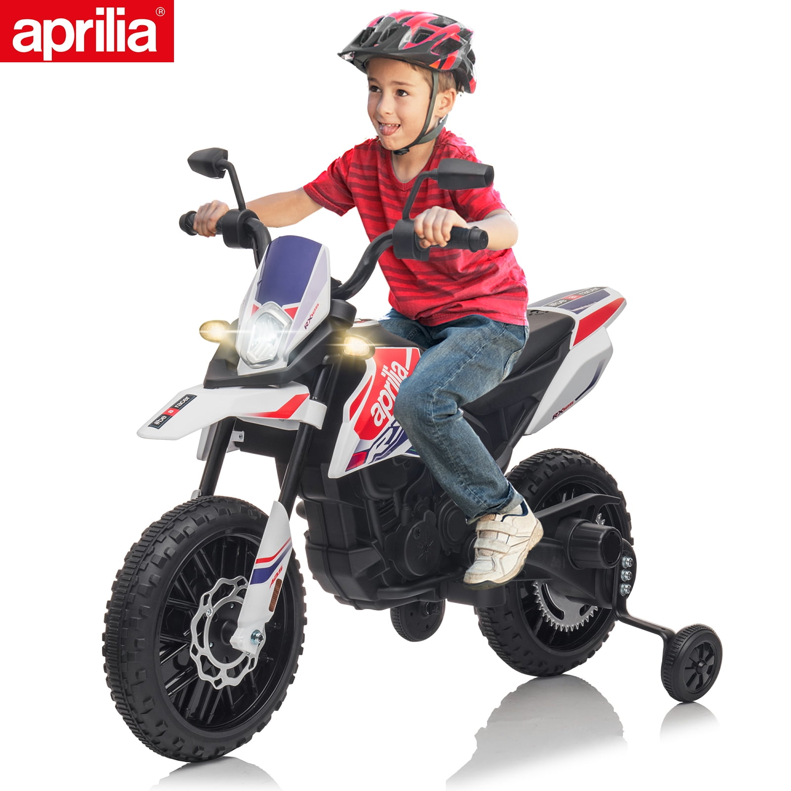 12V White Aprilia Kids Ride-On Motorcycle with Training Wheels