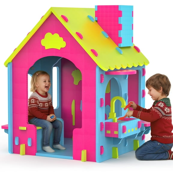 iRerts Kids Playhouse, EVA Foam Cottage Playhouse for Kids Ages 2+, Indoor Play House with Play Kitchen, Toddler Play Equipment Toys Pretend Playhouse for Boy Girl Gifts, No-Tools Required Assembly