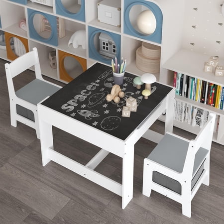 iRerts Kids Table and Chair Set, 3 in 1 Wooden Activity Table for Toddlers Arts, Crafts, Drawing, Reading, Playroom, Toddler Table and Chair Set with Removable Tabletop, Storage Drawers, White