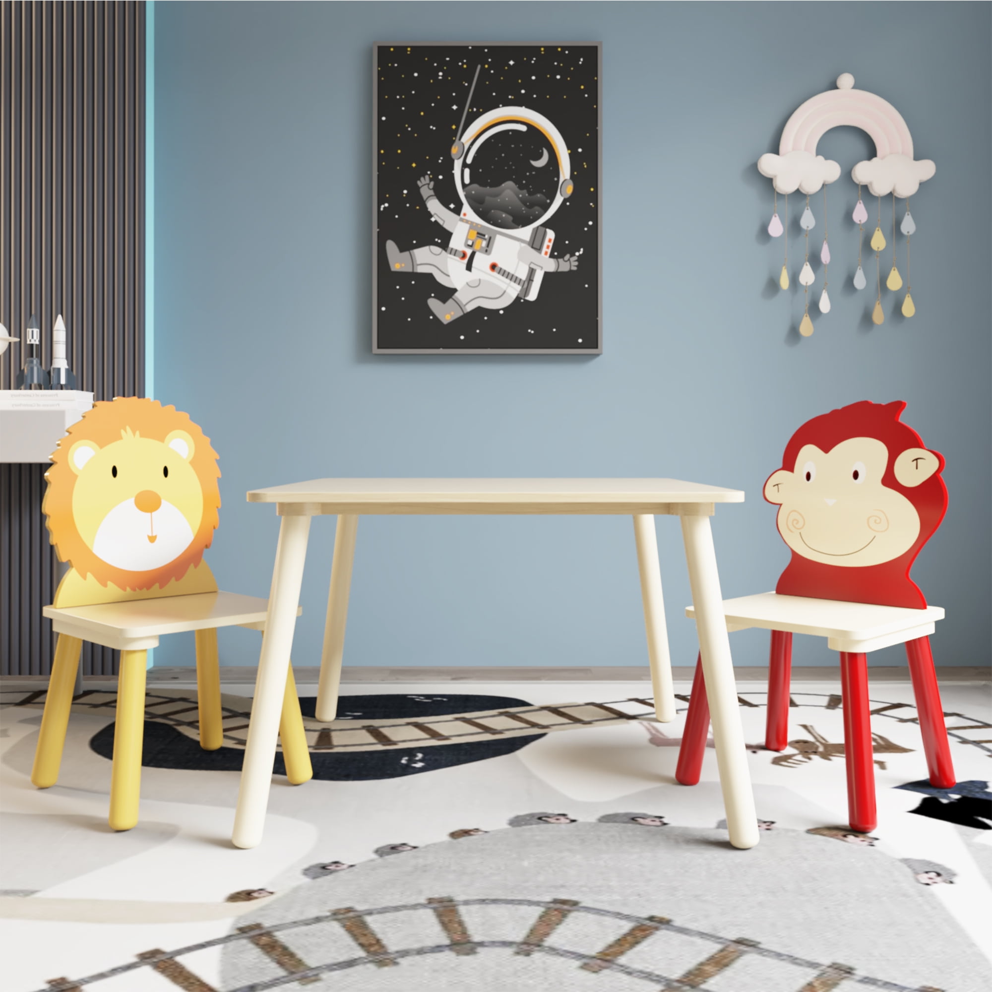 iRerts Kids Table and Chair Set, 3 Pieces Cartoon Animals Wood Kids Activity Table with 2 Chairs, Kids Play Table Set for 3-8 Year Old, Childrens Table and Chairs for Reading, Drawing, Jigsaw Puzzles