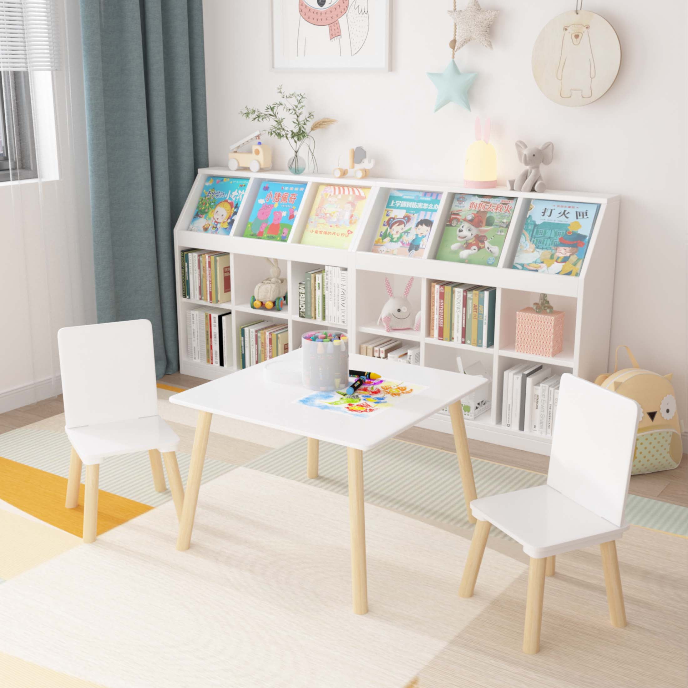 iRerts Kids Table and Chair Set, 3 Pieces Wood Kids Activity Table with 2 Chairs, Kids Play Table Set for 3-8 Year Old, Childrens Table and Chairs for Reading, Drawing, Jigsaw Puzzles