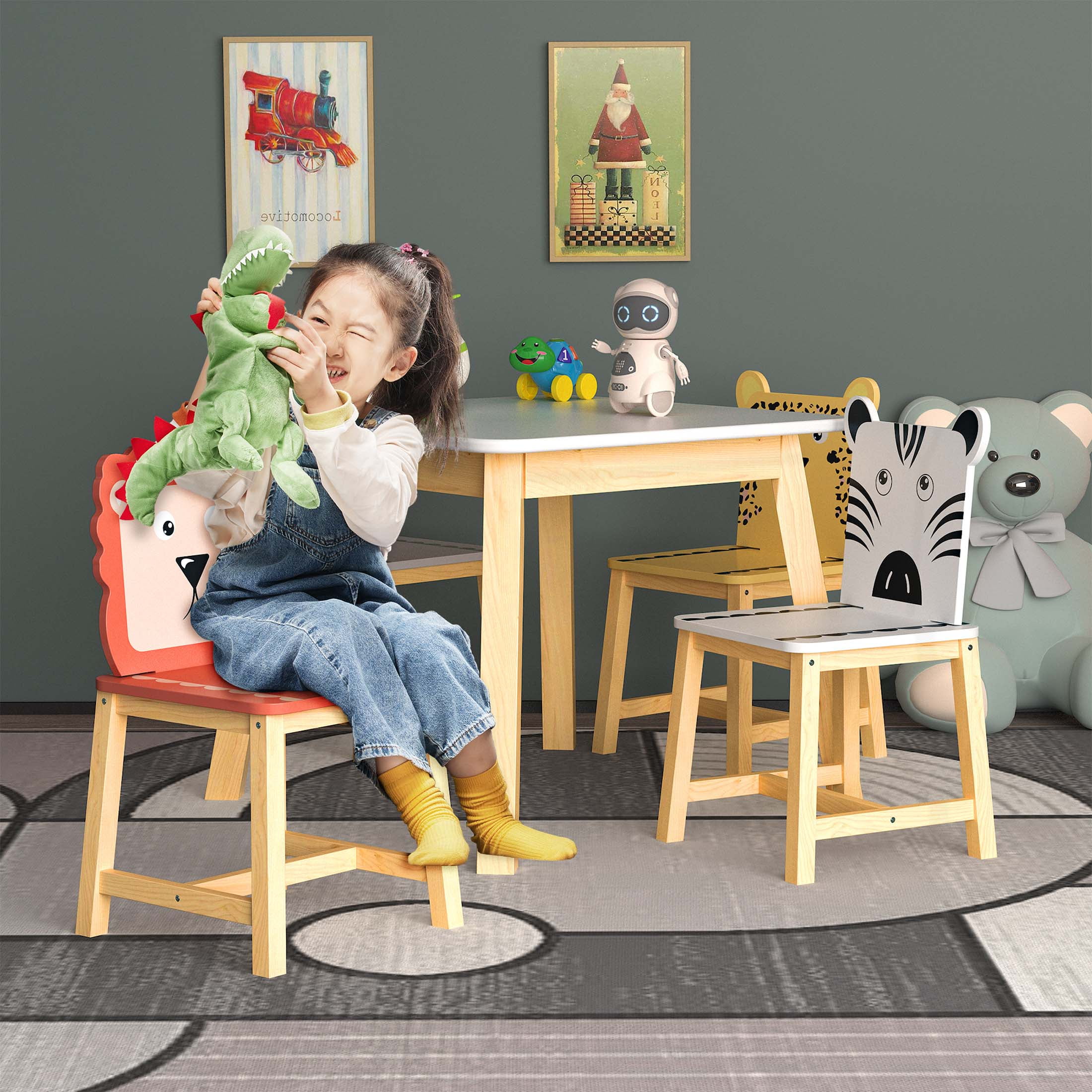 iRerts Kids Table and Chair Set, 5 Pieces Cartoon Animals Wood Kids Activity Table with 4 Chairs, Kids Play Table Set for 3-8 Year Old, Childrens Table and Chairs for Reading, Drawing, Jigsaw Puzzles