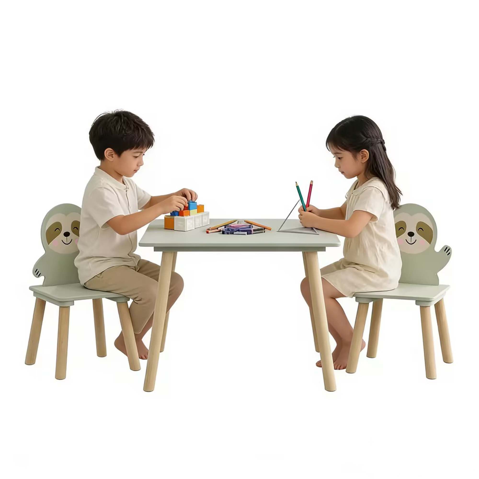iRerts Kids Table and Chair Set, Animal Themed Kids Wooden Table and 2 Chairs Set, Kids Activity Play Table Set for 3-6 Year Old, Toddler Table and Chair Set for Reading, Drawing, Jigsaw Puzzles
