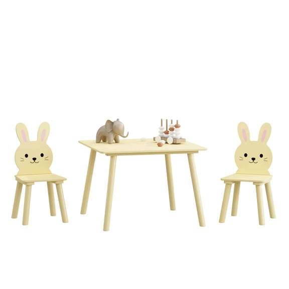iRerts Kids Table and Chair Set, Rabbit Themed Kids Wooden Table and 2 Chairs Set, Kids Activity Play Table Set for 3-6 Year Old, Toddler Table and Chair Set for Reading, Drawing, Jigsaw Puzzles