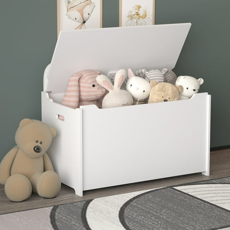 iRerts Kids Toy Box Storage Chest, Wood Toy Storage Organizer, Kids Toy Storage Bench with Hinges and Seating Bench, Toy Storage Box for Boys Girls, Entryway Storage Bench for Hallway, Bedroom, White