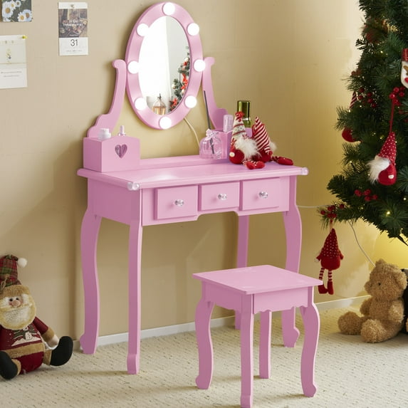 iRerts Kids Vanity Table and Chair Set, Princess Girls Makeup Vanity Set with LED Lights, 5 Drawers, Makeup Dressing Table with Rotatable Mirror for Little Girls Age 3+, Macaroon Purple