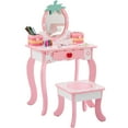 thumbnail image 1 of iRerts Kids Vanity Table and Chair Set, Princess Girls Vanity Set with Stool, 1-Drawer, 2 Desktop Storage Boxes, Cute Apple Print, Wooden Kids Vanity Set for Toddler, White, 1 of 10