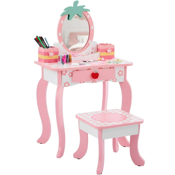 iRerts Kids Vanity Table and Chair Set, Princess Girls Vanity Set with Stool, 1-Drawer, 2 Desktop Storage Boxes, Cute Apple Print, Wooden Kids Vanity Set for Toddler, White