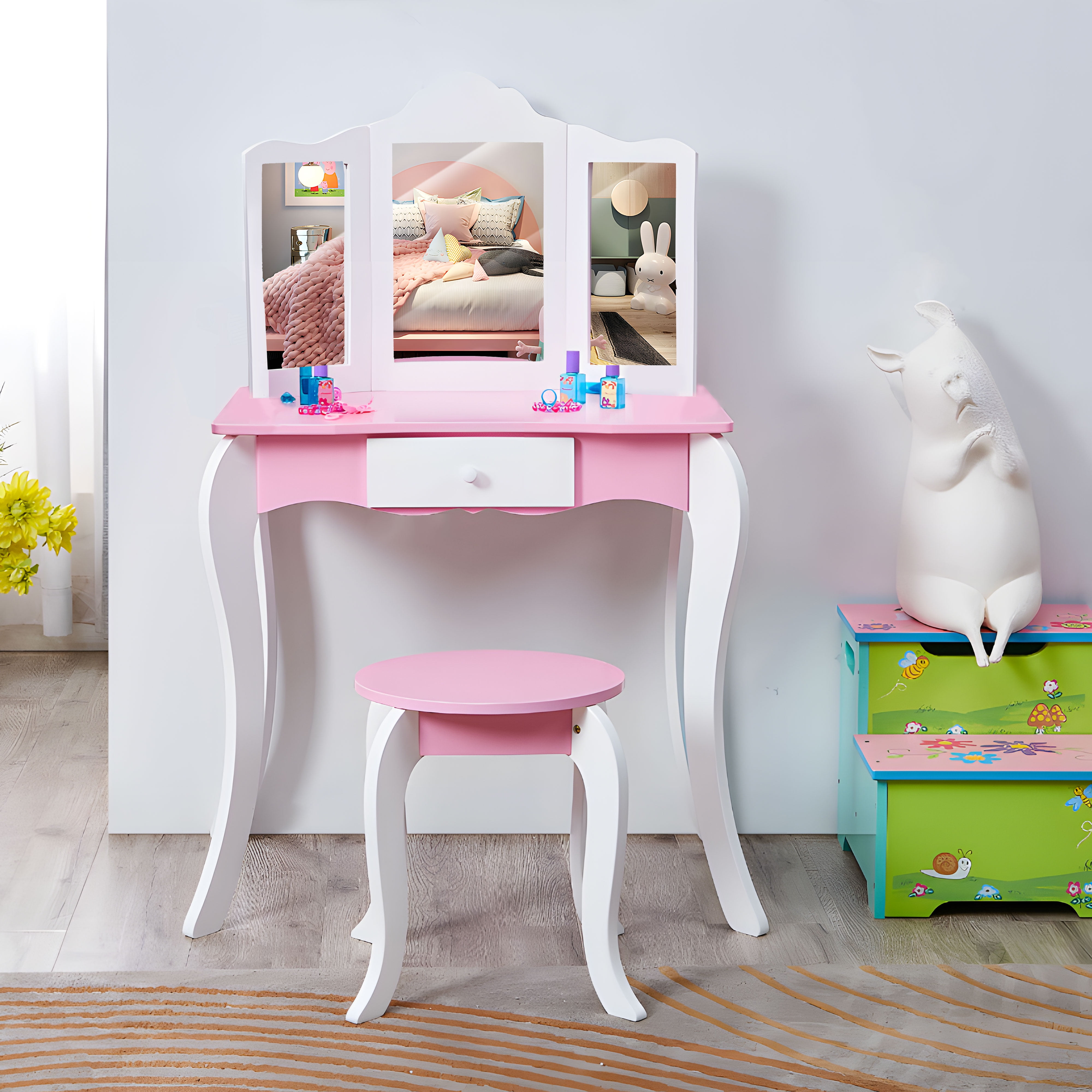 iRerts Kids Vanity with 3 Mirror Wooden Girls Vanity Table Princess ...