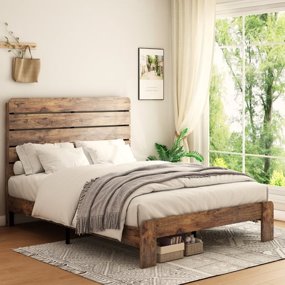 iRerts King Platform Bed Frame with Headboard, Wood King Bed Frame for Adults Teens, Industrial Bed Frames King Size with Large Under Bed Storage, Noise Free, No Box Spring Needed, Dark Brown