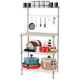 thumbnail image 1 of iRerts Kitchen Bakers Rack, Metal 4 Tier Microwave Oven Stand with 4 Hooks, Adjustable Shelves, Wood Table, Kitchen Utility Storage Rack Cart Coffee Bar Station for kitchen Office Apartment, Silver, 1 of 7