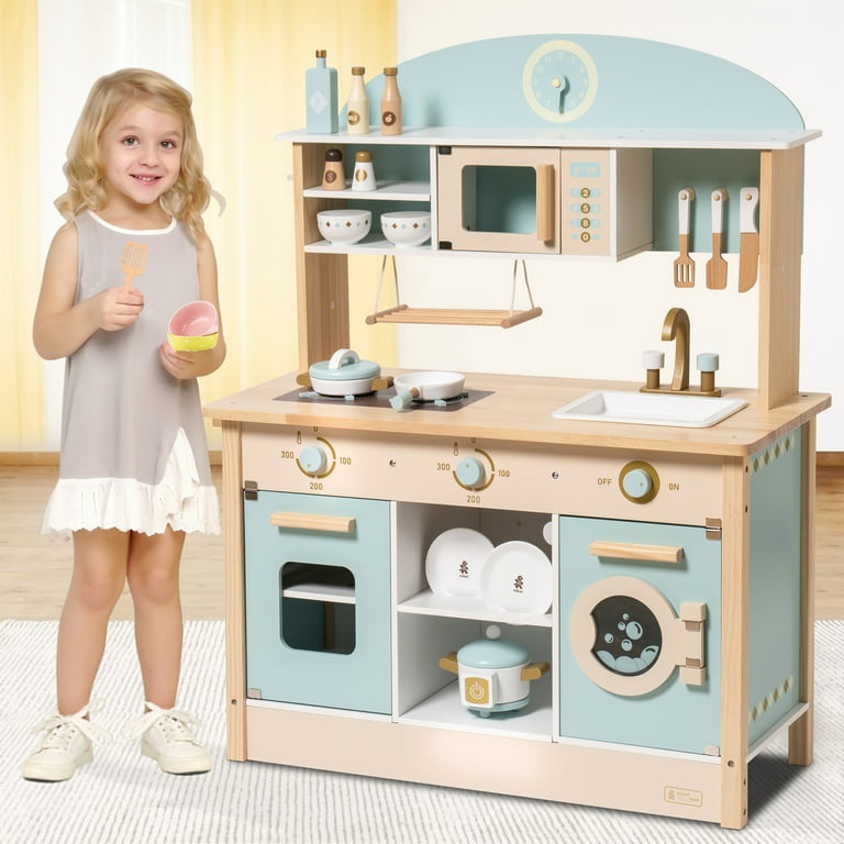 iRerts Kitchen Toys for Boys Girls Kids, Wooden Kids Kitchen Playset Kids  Play Kitchen Toy Set with 12 Kitchen Accessories, Real Sounds, Pretend Toy Kitchen  Set for Toddlers Birthday Gifts, Light Blue 