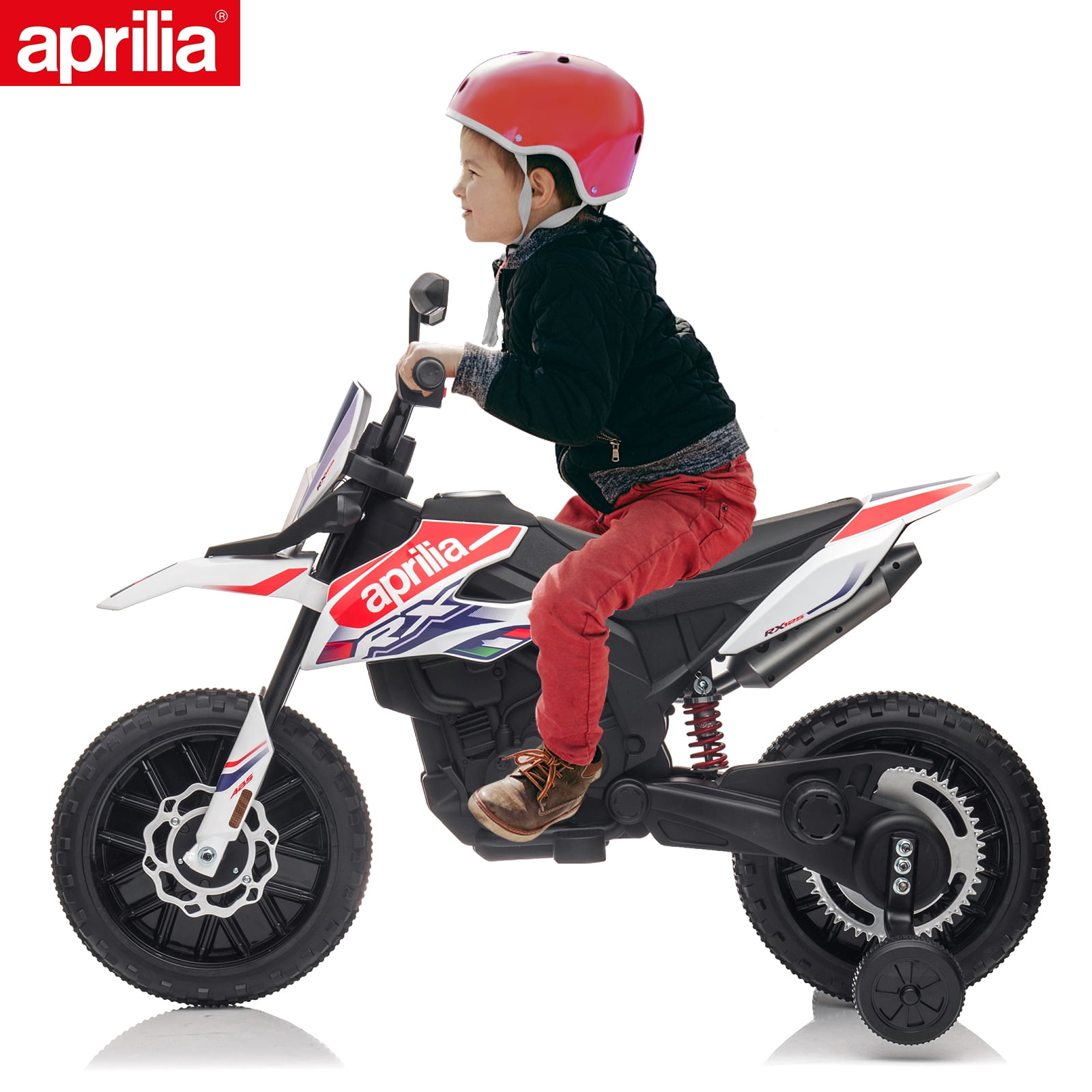 12V White Aprilia Kids Ride-On Motorcycle with Training Wheels