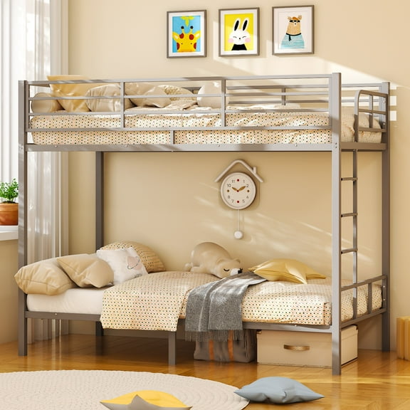 iRerts Metal Bunk Bed Twin Over Twin, Modern Bunkbeds Heavy Duty Iron Bed with Safety Guard Rails and Space-Saving, Steel Bed Twin Over Twin Bunk Bed for School Bedroom, Gray