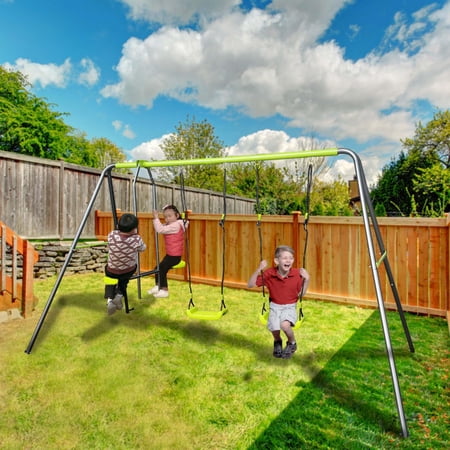 iRerts Metal Swing Set, 3 in 1 Outdoor Swing Set for Kids Boys Girls, Heavy Duty Kids Swing Sets with 2 Single Swings and 1 Swing Glider, Kids Playground Backyard Set for Garden Park, Black/Green