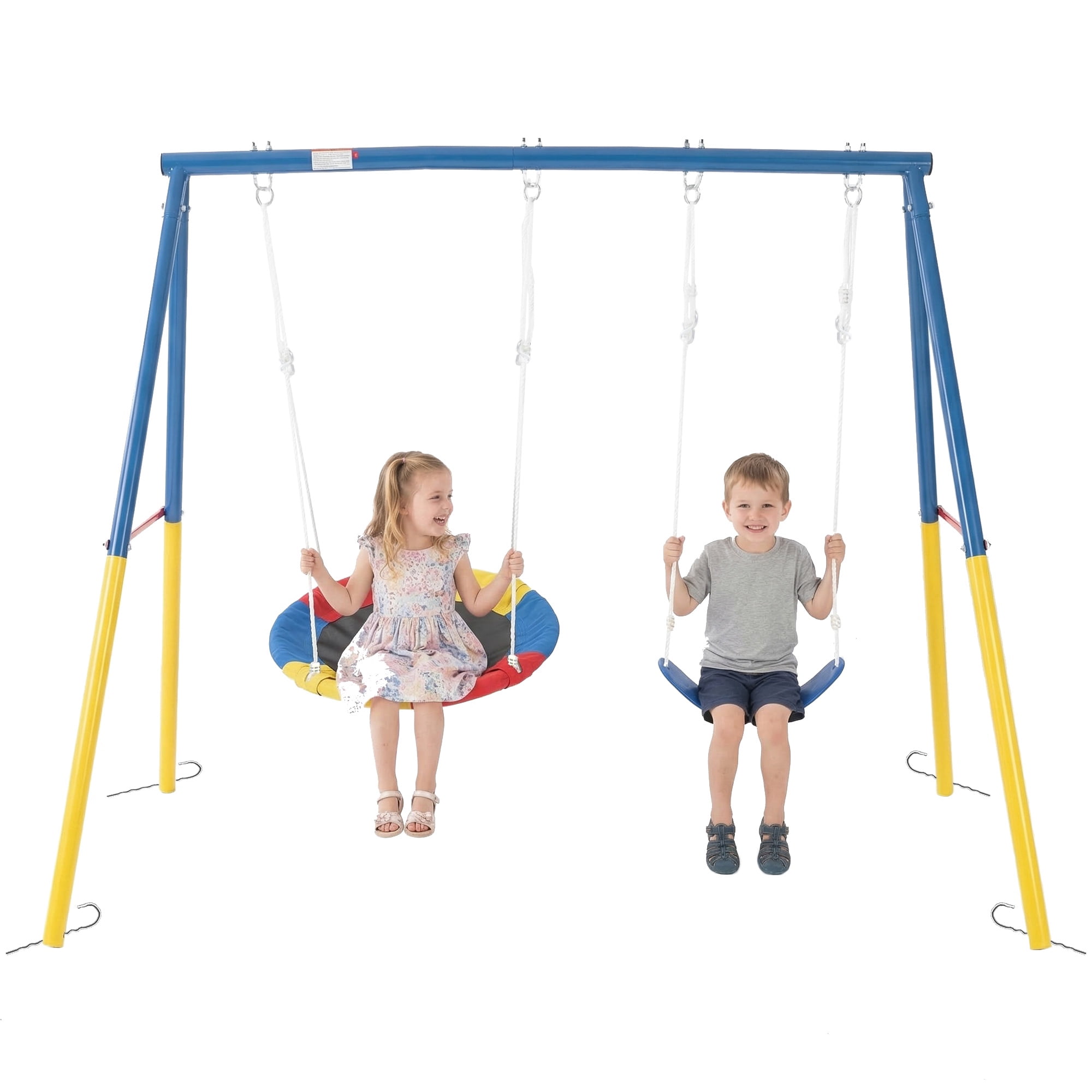 iRerts Swing Sets for Backyard, 2 Seat Outdoor Swing Set with Saucer Swing and Belt Swing Seats, Heavy-Duty A-Frame Metal Stand for Kids, 330 lbs Weight Capacity, Blue