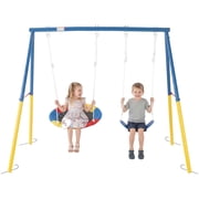 iRerts Swing Sets for Backyard, 2 Seat Outdoor Swing Set with Saucer Swing and Belt Swing Seats, Heavy-Duty A-Frame Metal Stand for Kids, 330 lbs Weight Capacity, Blue