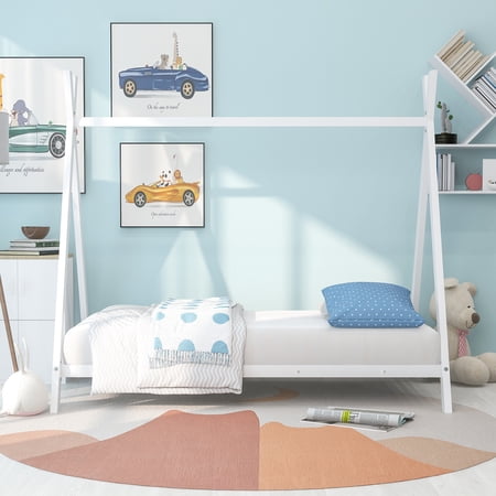 iRerts Metal Twin Size House Bed Frame, Kids Twin Bed Frame with Metal Slats, Kids Toddlers Tent Bed Frame Twin Size for Boys Girls, Twin Bed Frame No Box Spring Needed for Bedroom, White