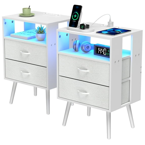 iRerts Nightstands Set of 2, End Tables with Charging Station and LED Lights, Modern Side Table Night Stands with 2 Fabric Drawers, Bedside Tables Set of 2 for Bedroom Living Room, White