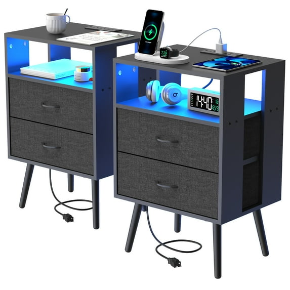 iRerts Nightstands Set of 2, End Tables with Charging Station and LED Lights, Modern Side Table Night Stands with 2 Fabric Drawers, Bedside Tables Set of 2 for Bedroom Living Room, Black