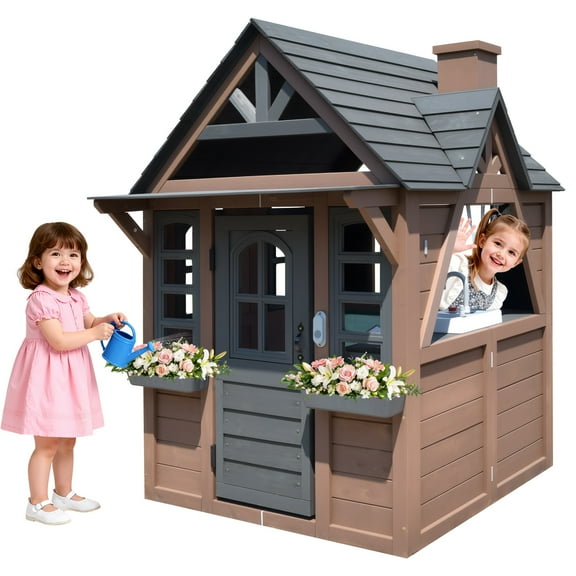 iRerts Outdoor Playhouse, Wooden Playhouse for Kids Play House with Front Door, Flower Pot Holders, Stove, Sink, Doorbell, Windows, Indoor Outdoor Kids Play Equipment Gift for Ages 2+, Black+Brown