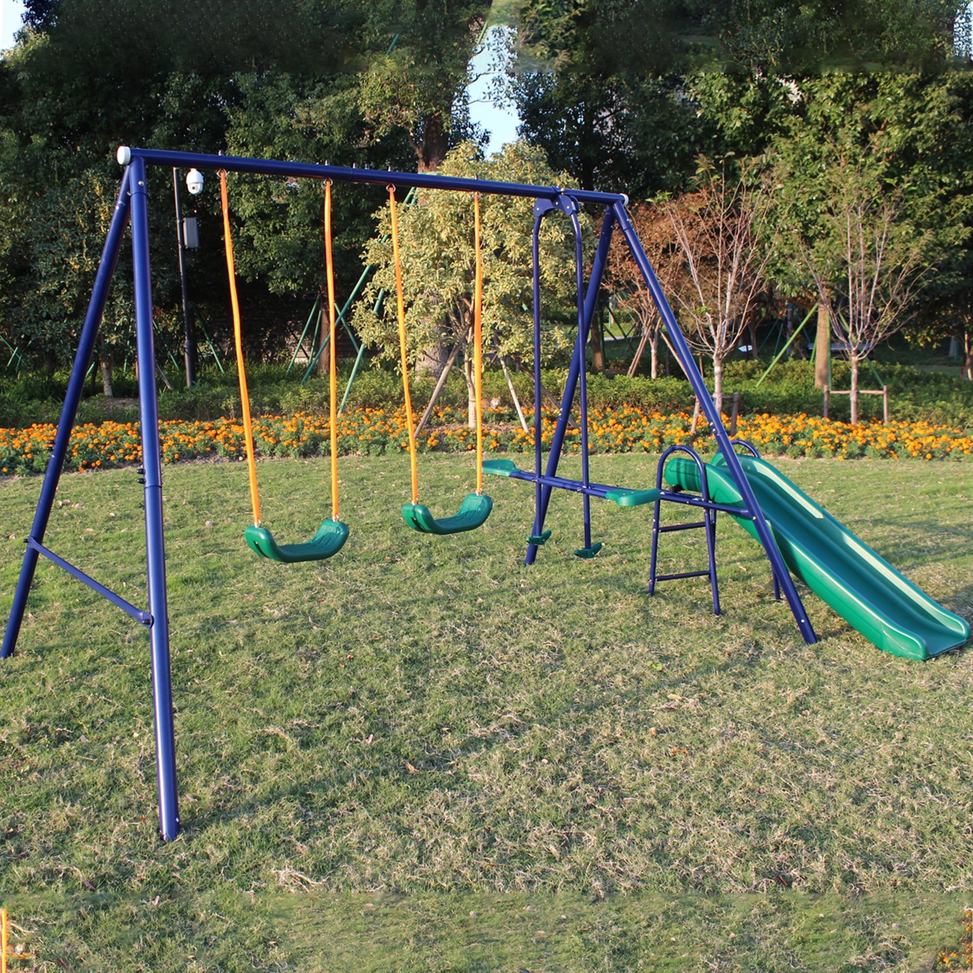 iRerts Outdoor Swing Sets for Kids, 5 in 1 Metal Swing Set with Slide, Seesaw Swing, Basketball Hoop, Heavy Duty Kids Playground Set for Backyard Garden Park, Kids Backyard Swing Set for Boys Girls