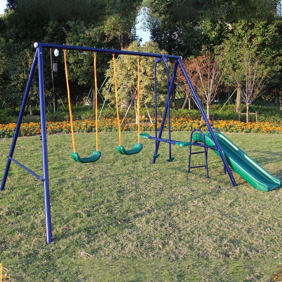 iRerts Outdoor Swing Sets for Kids, 5 in 1 Metal Swing Set with Slide, Seesaw Swing, Basketball Hoop, Heavy Duty Kids Playground Set for Backyard Garden Park, Kids Backyard Swing Set for Boys Girls