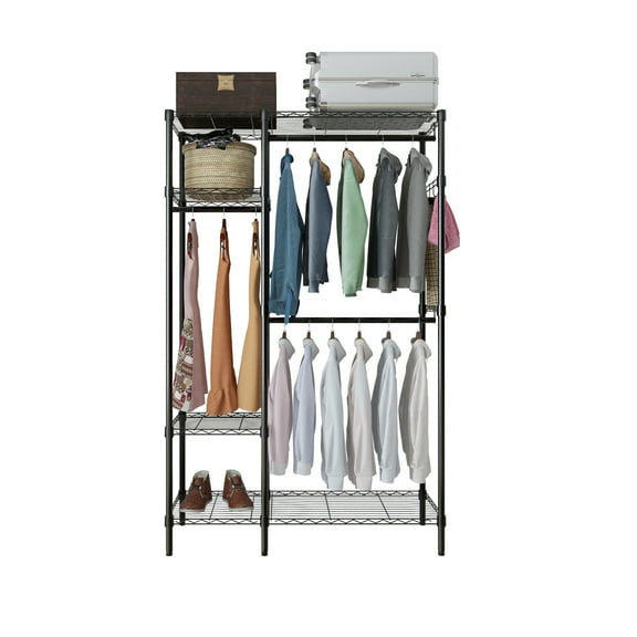 iRerts Portable Clothes Rack with Shelves, Garment Rack Heavy Duty Clothes Rack, 4 Tiers Adjustable Wire Shelving Clothing Racks with 2 Hanging Rods, Freestanding Metal Closet Rack Wardrobe, Black
