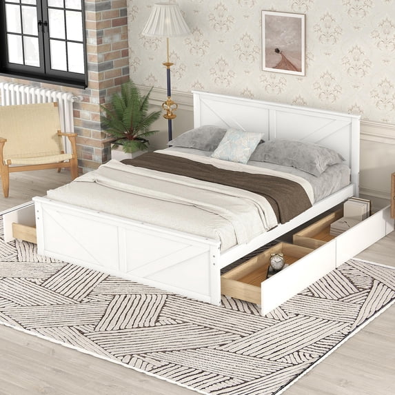 iRerts Queen Bed Frame with Headboard, Solid Wood Queen Platform Bed Frame with Storage Drawers, Slats Support and Support Legs, Modern Queen Size Bed Frame No Box Spring Needed for Bedroom, White