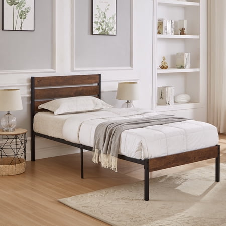 Twin Bed Frame with Wood Headboard, Metal Frame Twin Platform Bed Frame with with Strong Slats, Noise Free, Twin Size Bed Frame No Box Spring Needed for Bedroom, Brown
