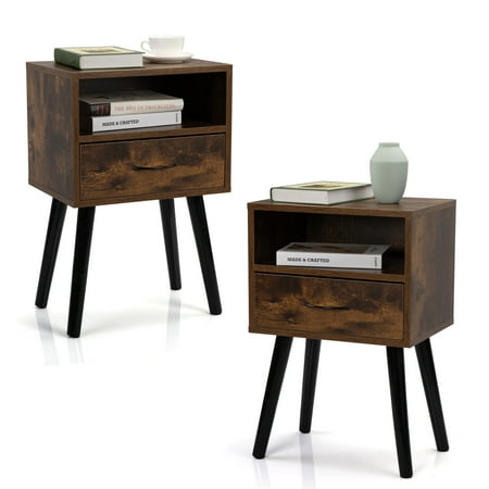 iRerts Set of 2 Nightstand, Modern Wood End Table Side Table, Night Stand Bedside Tables with Drawer and Storage Shelf, Nightstands for Living Room Bedroom Sofa Couch, Rustic Brown