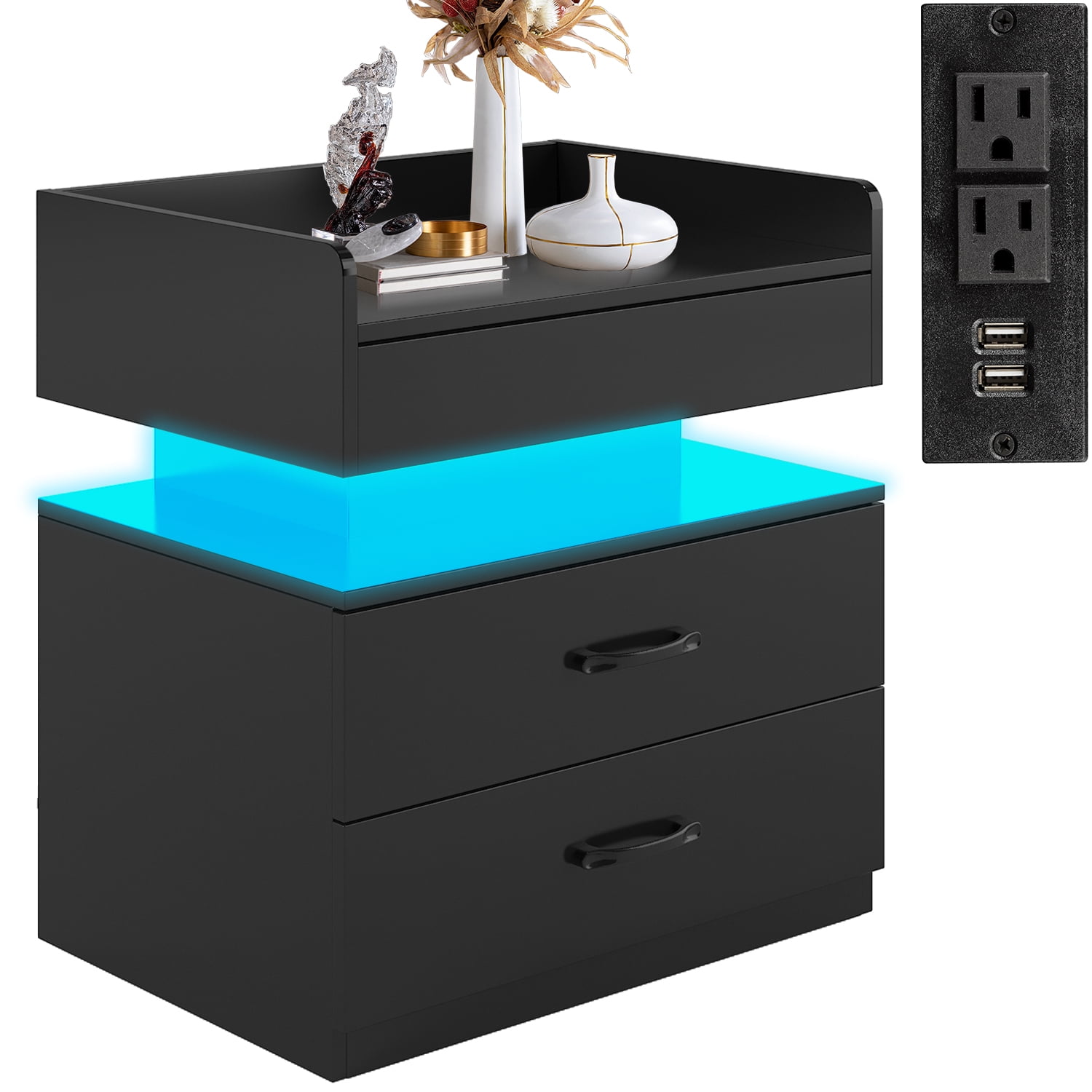 iRerts Side Table with Charging Station, Wood Nightstand with Drawers