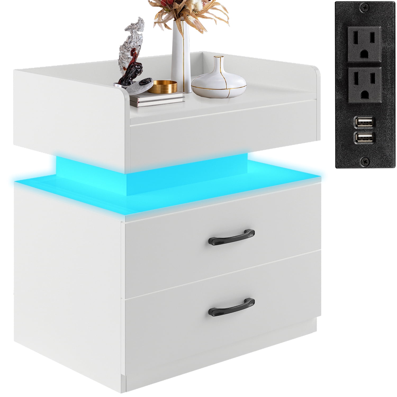 iRerts Side Table with Charging Station, Wood Nightstand with Drawers