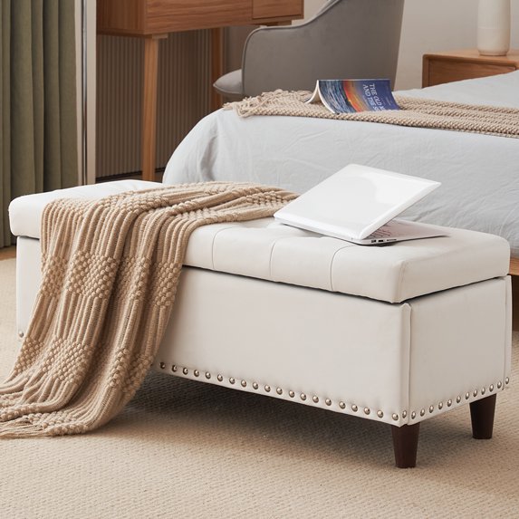 iRerts Storage Ottoman Bench, 43 Inches Entryway Bench with Storage, PU Upholstered End of Bed Ottoman Bench with Storage and Seating, Storage Bench for Bedroom Living Room Hallway, Light Gray
