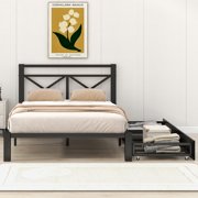 iRerts Twin Bed Frame with Storage Drawers, Metal Twin Platform Bed Frame with Headboard, Metal Slats, Twin Bed Frame No Box Spring Needed for Adults Kids, Bed Frame Twin Size for Bedroom, Black