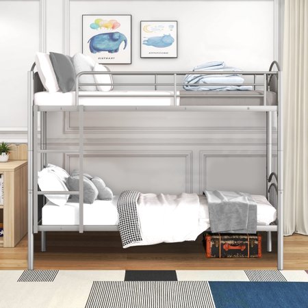 iRerts Twin Over Twin Bunk Bed, Metal Bunk Bed Twin Over Twin for Kids Teens Adults, 2 in 1 Convertible Bunk Bed with Safety Guard Rails, Twin Bunk Bed for Small Rooms Bedroom Dormitory, Silver