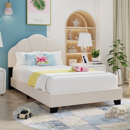 iRerts Upholstered Twin Size Platform Bed for Kids, Cute Twin Bed Frame with Shell Design Headboard for Girls Boys Teens, Wooden Bed Frame Twin Size with Slatted Bed Base, No Box Spring Needed, Beign
