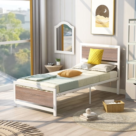 iRerts Twin Size Metal Bed Frame, Twin Platform Bed Frame with Headboard and Footboard, Heavy Duty Twin Bed Frame with Slat Support, No Box Spring Needed, Twin Size Bed Frames for Bedroom, White