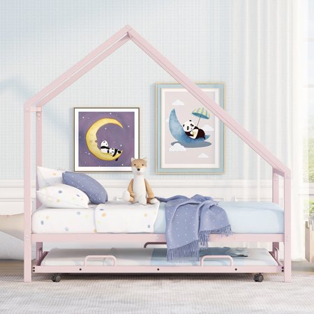 iRerts Twin Size Metal House Bed Frame with Trundle, Modern Twin Platform Bed Frame with Metal Slats, Twin Bed Frame No Box Spring Needed, Twin Size Bed Frame for Kids Bedroom, Pink