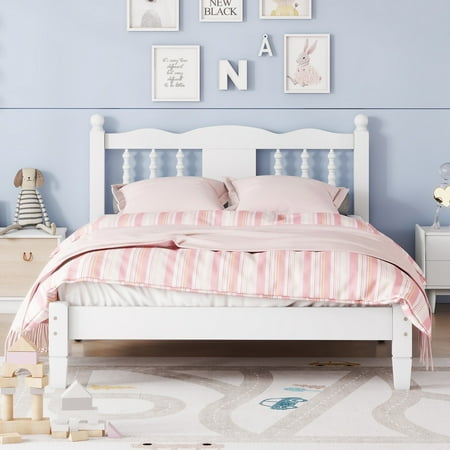 Twin Size Bed Frame with Column Headboard, Wooden Platform Bed Frame with Sturdy Bed Slats Support, Bed Frame with Under Bed Storage, No Box Spring Needed, Noise-free Design, Easy Assembly, White