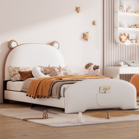 iRerts Upholstered Twin Size Platform Bed Frame with Headboard and Footboard, Bear Shape Princess Twin Bed Frame for Kids Teens Adults Bedroom with Slats Support, No Box Spring Needed, White