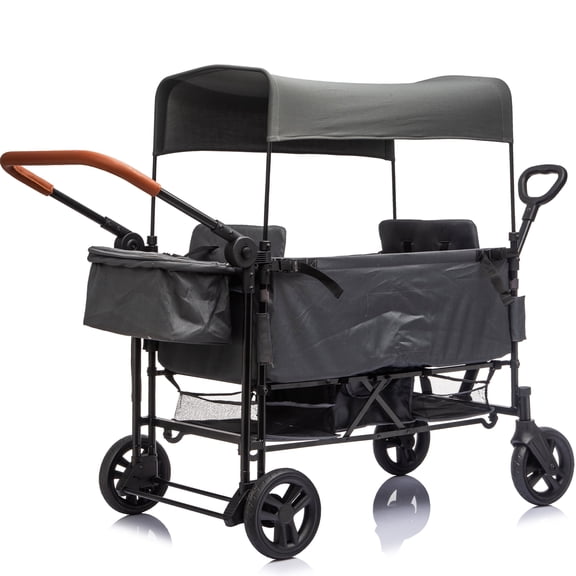 iRerts Wagon Stroller for 2 Kids, Foldable 2-Seater Stroller Wagon with Canopy, 5-Point Harness, Adjustable Height Push/Pull Handle, 8" All-Terrain PU Wheels, 97L Large Capacity, Black