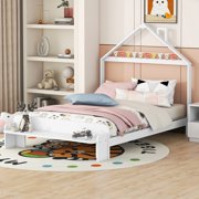 iRerts Wood Full Bed Frame, Full Platform Bed Frame with House-shaped Headboard and Footboard Bench, Kids Full Size Bed Frame for Boys Girls Bedroom, No Box Spring Needed, Pink