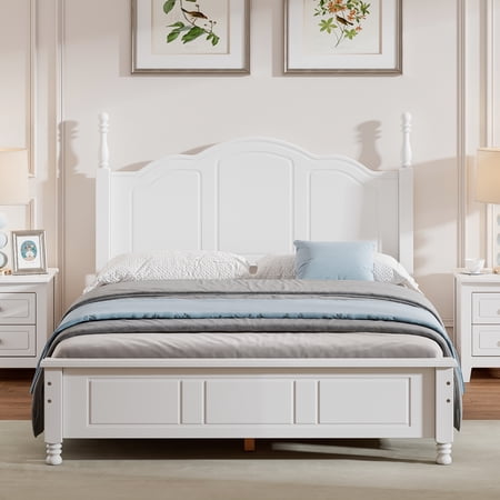iRerts Wood Full Size Platform Bed Frame, Full Bed Frame with Headboard and Wooden Slat Support, Retro Bed Frame Full Size No Box Spring Needed, Easy Assembly, White
