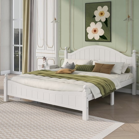iRerts Wood King Bed Frame, King Platform Bed Frame with Headboard, Wood Support Slats, King Size Bed Frame No Box Spring Needed, Bed Frame King Size for Adults Teens Kids Bedroom, White