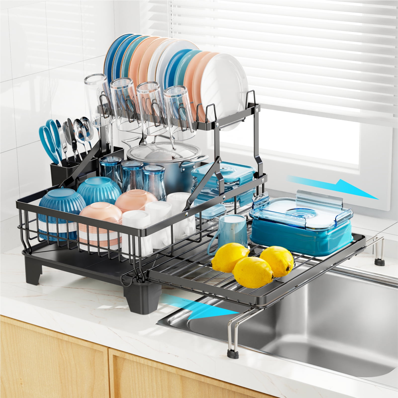 iSPECLE Large Dish Drying Rack - Extendable 2-in-1 Dish Racks for Kitchen Counter or Over Sink, 2 Tier Dish Drainer with Drainboard, Cups Holder and Utensil Holder, Black