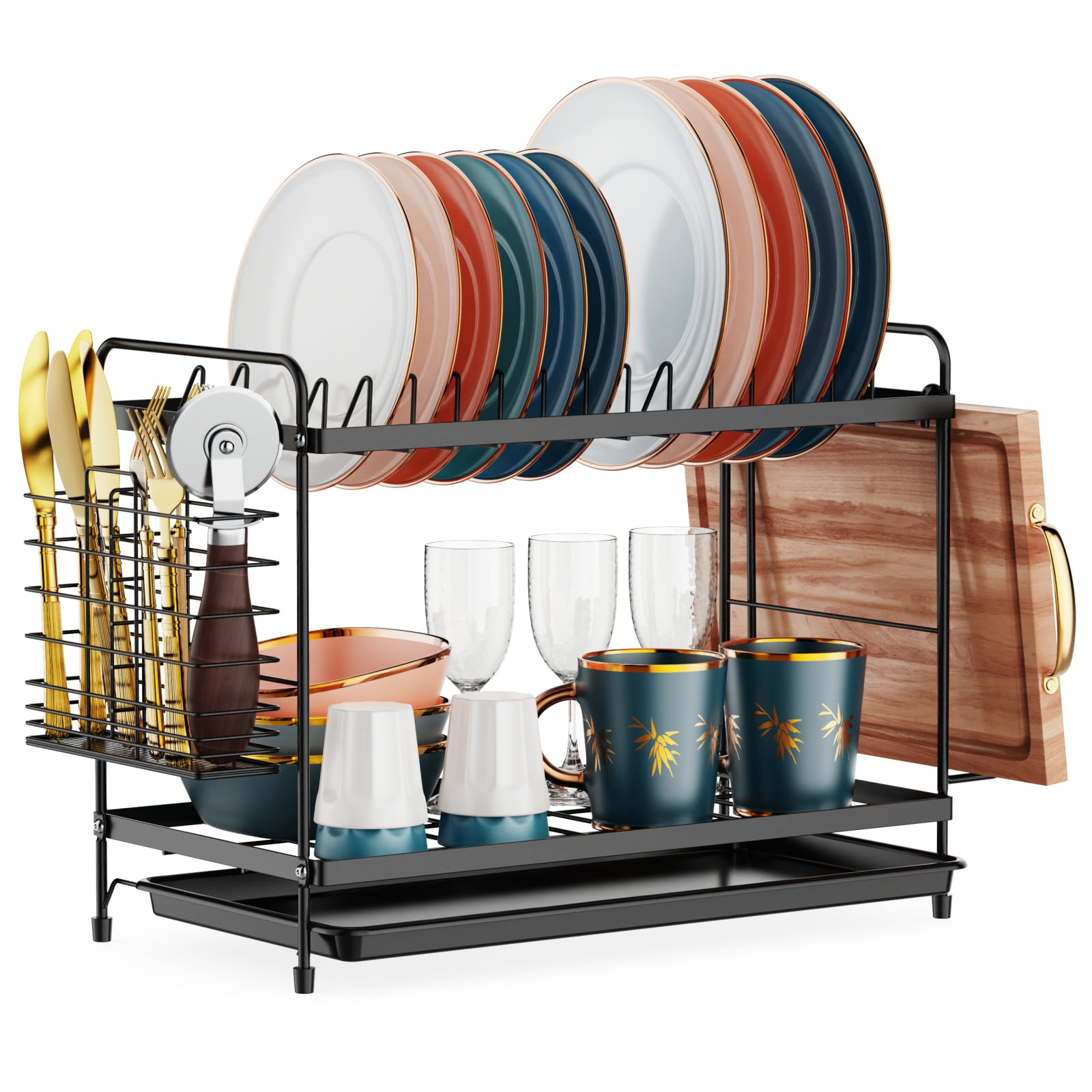 iSPECLE 2 Tier Dish Racks Dish Drainers with Water Tray Cutlery Holder for Small Kitchen Households Black, 18.90 x 8.27 x 11.81 Inches
